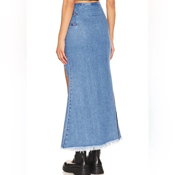 New Understated Leather Western Maxi Skirt in Summer Sky Blue denim split hem - Picture 2 of 6